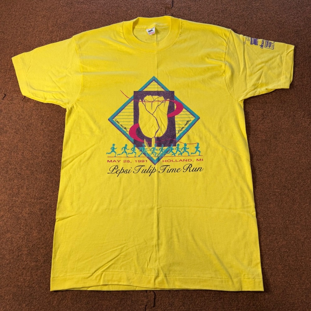 Vintage 1991 Pepsi Tulip Time Run T Shirt Yellow Fruit of the Loom USA Large